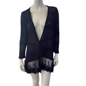 Open Knit Whimsigoth Cardigan Sweater Has Lace Sheer Mesh Bottom Floral Design
